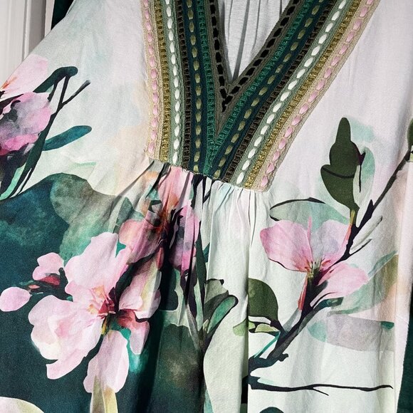 Anthropologie Bl^Nk London Stephanie Top Size XXS Green Floral V Neck Blouse 2 - Picture 13 of 15